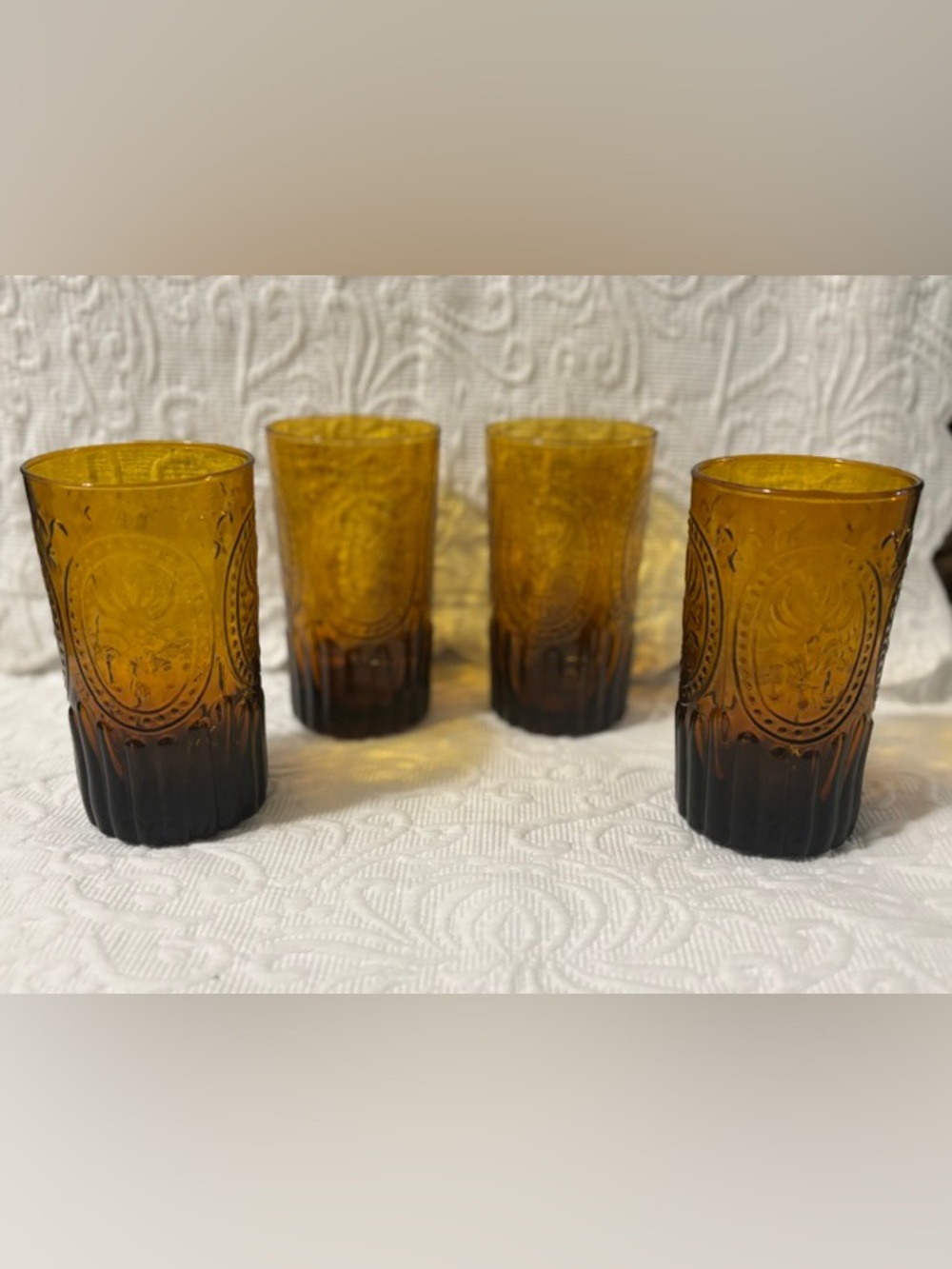 Anthropologie Amber Fleur De Lis Glass Tumbler - 4 Highball Iced Tea Glasses